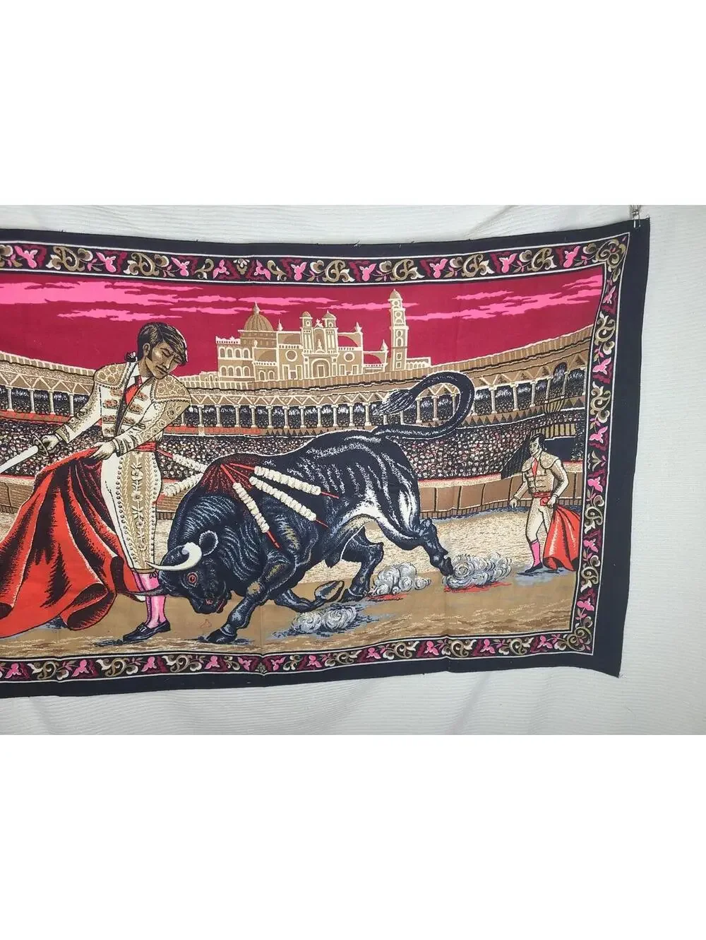 Vtg Velvet Tapestry Matador Cotton Wall Art 35x58” Retro Rug 1970s Spain Bull